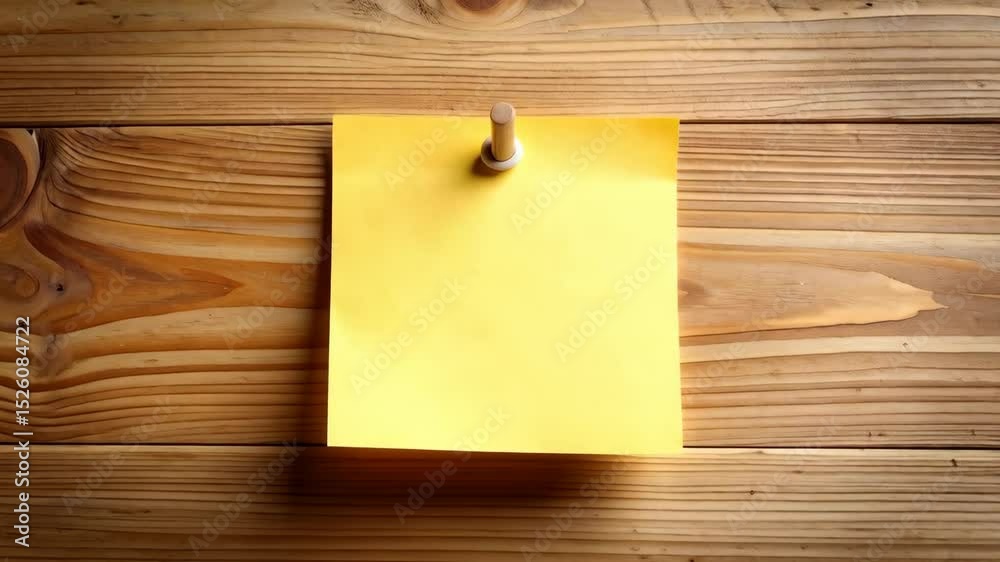 Blank yellow sticky note pinned on rustic wooden wall. Place for text, message, mockup template.