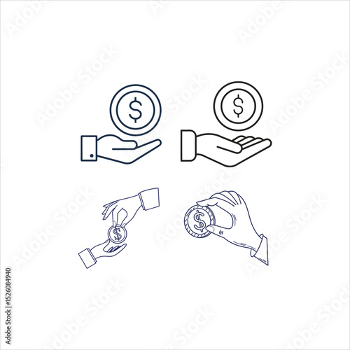 Line art illustration of hands holding and passing dollar coins icons