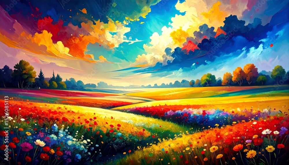 Fototapeta premium abstract summer illustration with a field of flowers and the sky, dramatic landscape