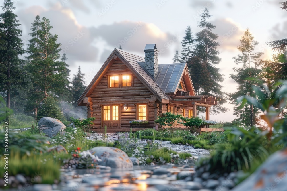 Naklejka premium Rustic cabin nestled in a tranquil forest.