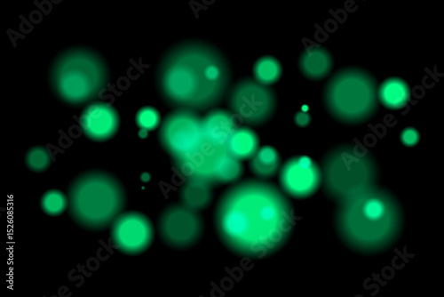 Green glowing bokeh. Warm blurred circles scattered on dark background, creating festive or fiery atmosphere. Perfect for abstract, energy, or celebration designs.