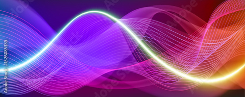 Audio neon wave background with vibrant rainbow gradient flowing lines. Glowing sound frequency visualization. Dynamic music spectrum digital wallpaper. Abstract luminous curves with bright edges.