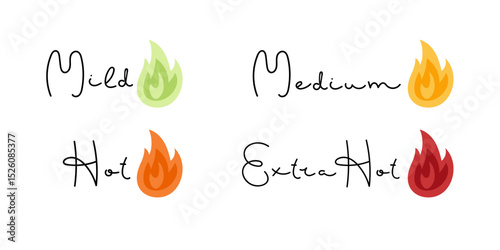 Spicy scale indicator. Level of hot meal. Lettering poster. Spicy food levels. Red Fire Flame sign strength scale indicator with mild, medium, hot, extra hot. Banner, emblem. Label for spice shop.