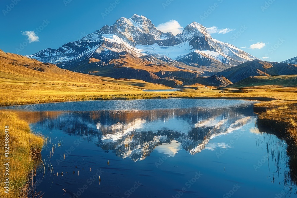Obraz premium Majestic mountain range reflected in a tranquil lake.