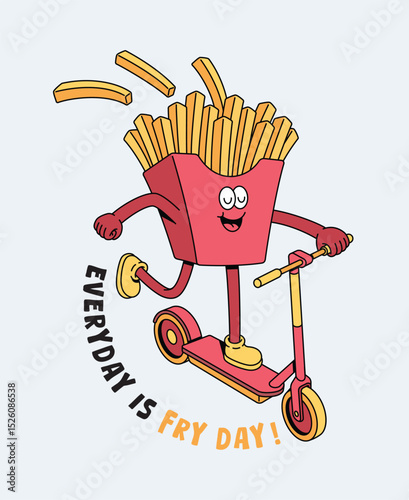 French fries riding a kick scooter retro cute illustration