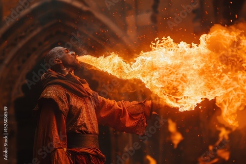 Fire breather performing in a medieval setting.