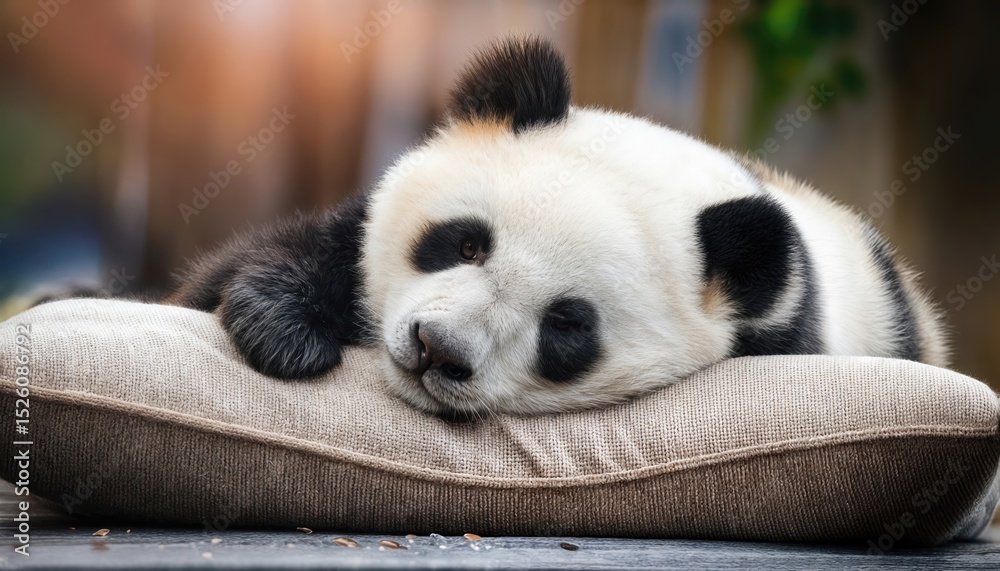 Naklejka premium Cute Panda Bear Sleeping Peacefully on a Pillow Adorable Giant Panda Napping Amidst Lush Greenery in Tranquil Sanctuary, Displaying Soft Fur Textures and Serene Ambiance