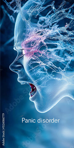 A conceptual illustration for Panic disorder showing a face exploding with neurological energy.