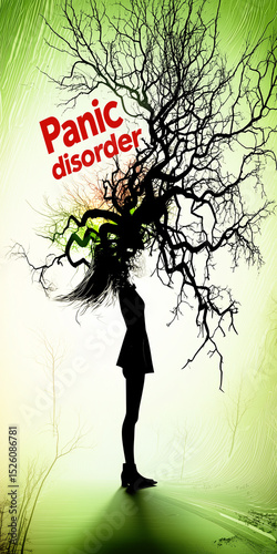 A silhouette of a woman whose head explodes into a tangled tree, symbolizing Panic disorder.