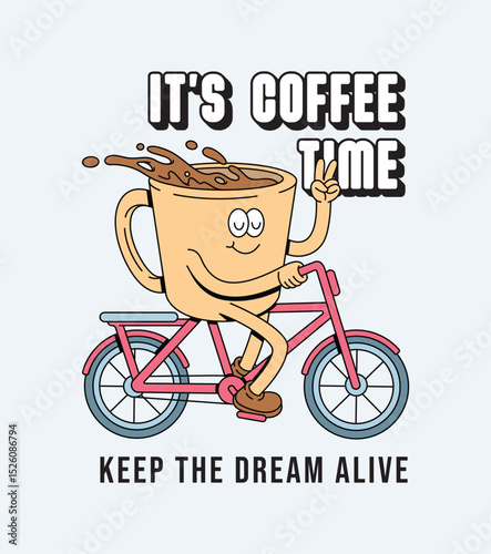 coffee riding a bike retro cartoon illustration