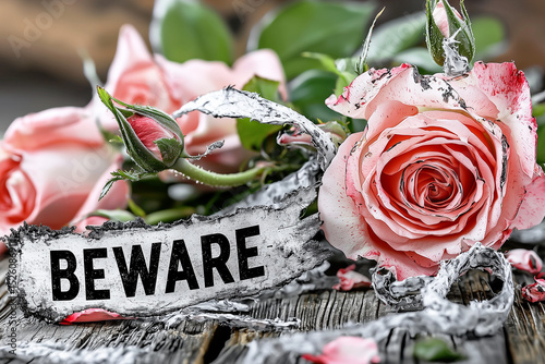 The word Beware on a charred label among a bouquet of beautiful roses, symbolizing a toxic relationship.