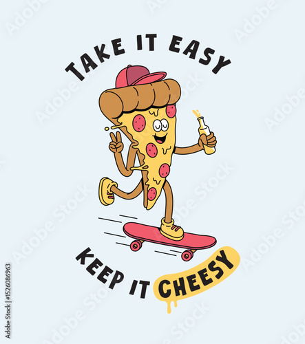 pizza skateboard retro cartoon illustration
