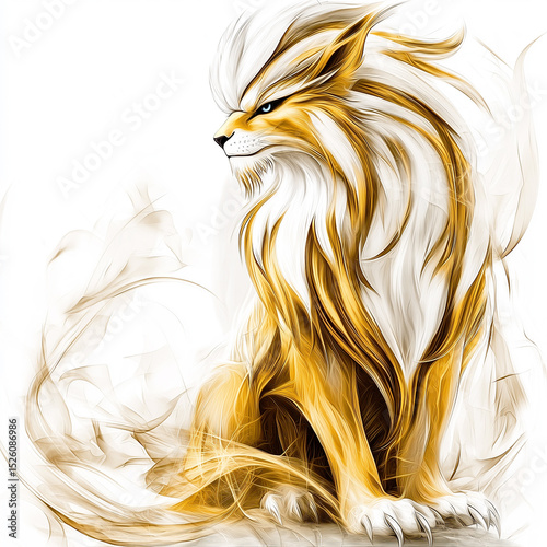 A majestic fantasy lion with a flowing golden and white mane made of energy.