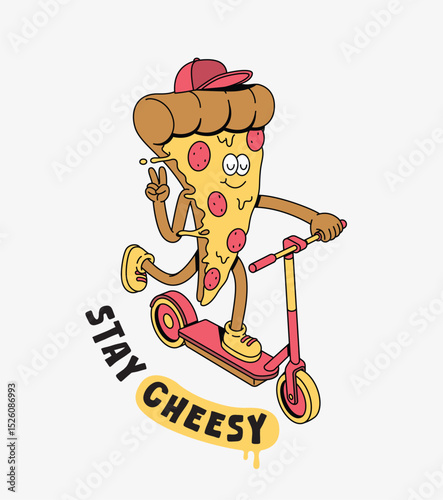 pizza riding a kick scooter retro cartoon illustration