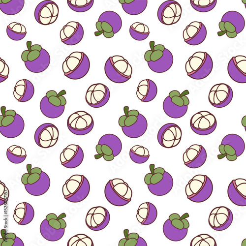 Cute Mangosteen Seamless Pattern on White Background