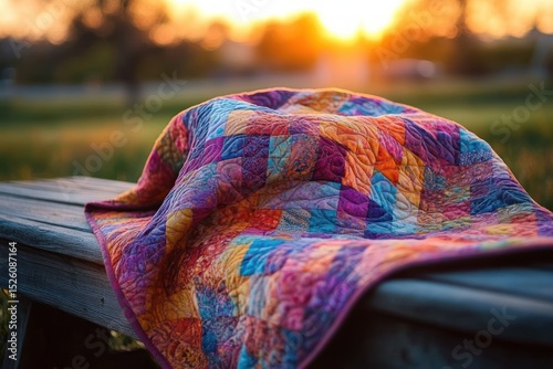 Colorful patchwork quilt draped over a wooden bench outdoors during a warm sunset with blurred natural background