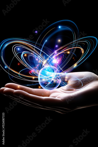 A hand holding a glowing sphere of light and energy, symbolizing technology and innovation.