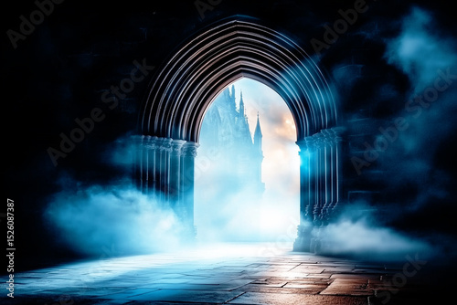 A view of a magical fantasy castle through a dark and misty gothic archway.