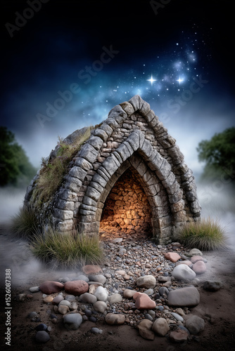 A magical fantasy stone hut with a glowing entrance in a misty forest at night.