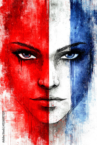 An artistic portrait of a woman's face with the French flag painted on her skin.