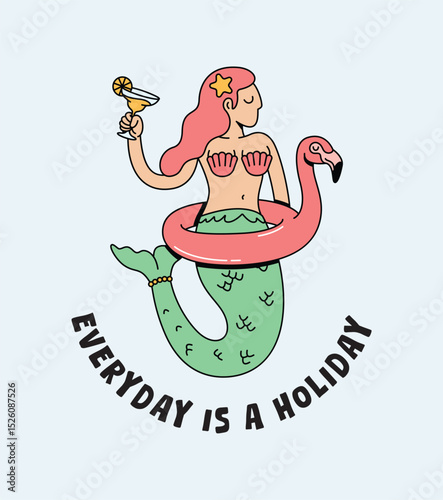 cute mermaid flamingo float retro cartoon illustration