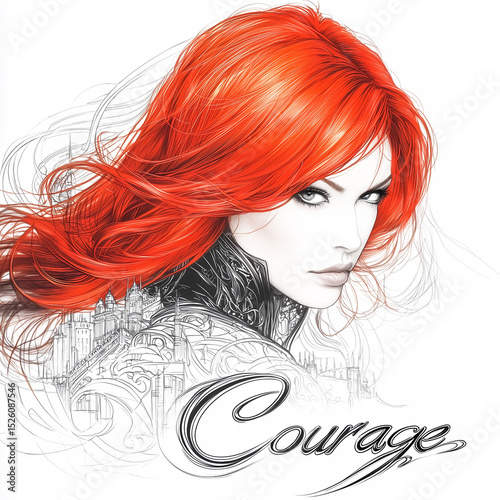 A beautiful woman with fiery red hair and the word Courage in a heroic sketch-style illustration.