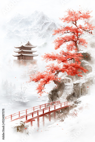 A serene Japanese winter landscape with a red maple tree and temple in a traditional ink wash style.