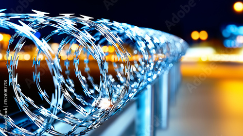 Close up of razor wire on a security fence at night with blurred city lights in the background.