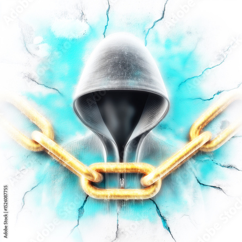 A mysterious faceless figure in a hoodie with a large golden chain, symbolizing cybersecurity and blockchain.