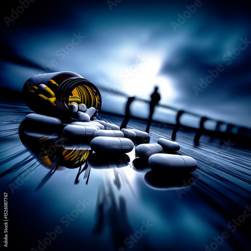 A bottle of spilled pills in the foreground with a lonely silhouette of a person on a dark bridge.