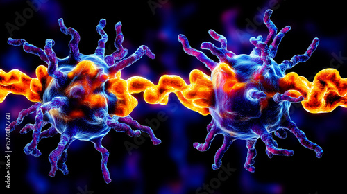 Two alien cells or life forms sharing a glowing energy connection in a microscopic view.