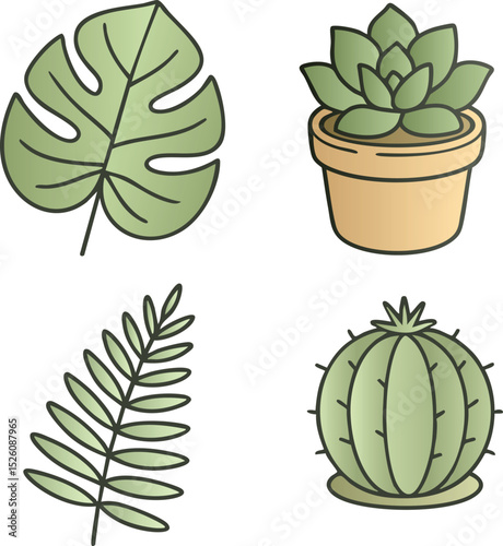 Monstera succulent and fern icon set