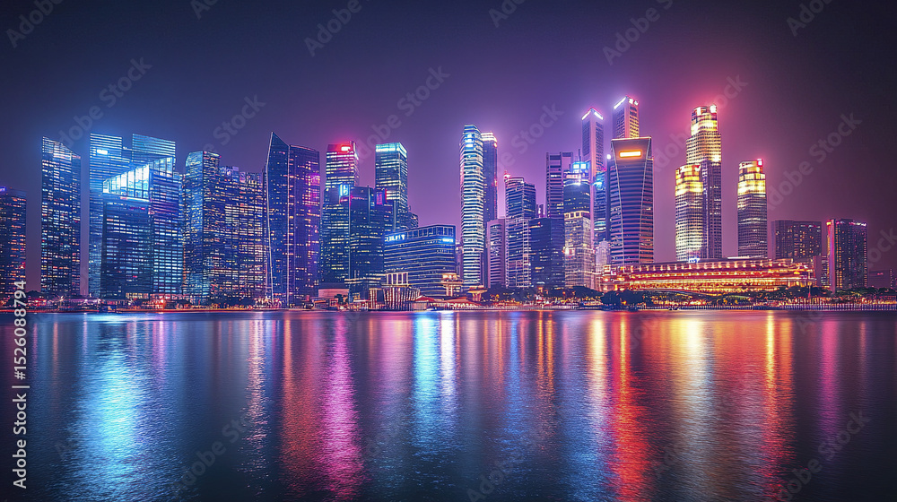 Naklejka premium vibrant skyline of modern city illuminated at night, reflecting on water surface