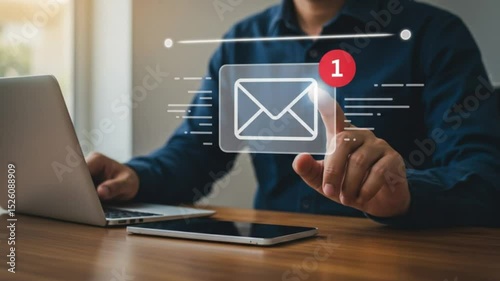 A person interacts with a digital email icon over a laptop and phone on a wooden desk surface