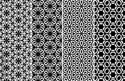 Elegant Black and White Geometric Seamless Patterns ideal for textile design, wallpaper, and digital art projects offering stylish repeating textures