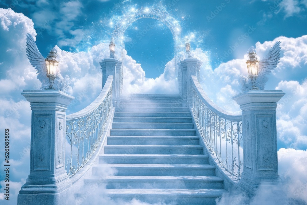 Fototapeta premium Experience a mystical ascent on the grand stairway leading towards the ethereal gates of heaven surrounded by soft, fluffy clouds at a tranquil moment in time