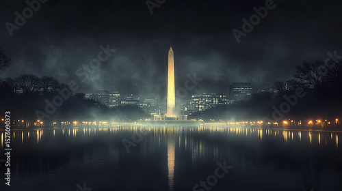 stunning panoramic view of Washington DC skyline night, showcasing illuminated monument