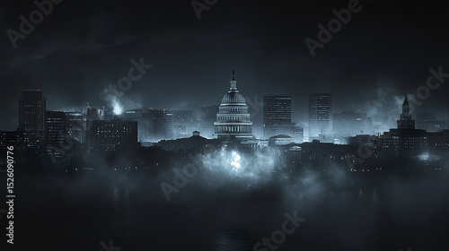 stunning panoramic view of city skyline night, featuring iconic architecture and mysterious