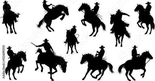 vector set of Cowboy rodeo set wild horses. Vector rodeo silhouette of cowboy riding wild horses isolated on white for design
