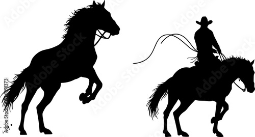 vector set of Cowboy rodeo set wild horses. Vector rodeo silhouette of cowboy riding wild horses isolated on white for design
