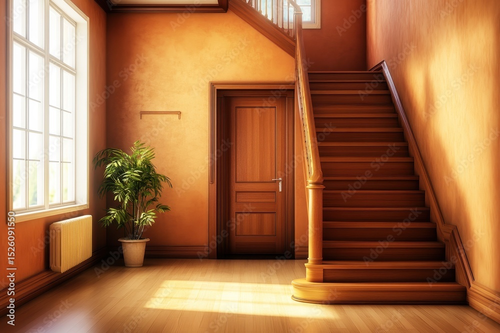 Obraz premium Elegant wooden interior design showcases a warm and inviting staircase, highlighted by soft natural light flooding through large windows in a cozy home entrance area