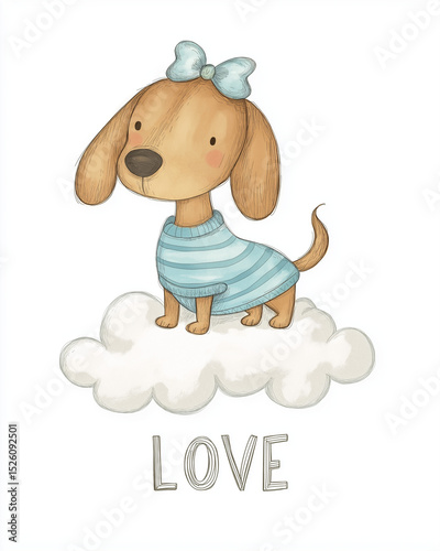 AI generator images of drawing of a dog holding a heart shaped balloon with a heart love, heart blending cuteness love , Kids Classroom, Dog illustration Postcard Greeting card Greeting card 