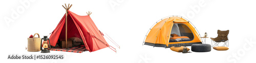 set of camping tents, red and orange, with camping accessories. isolated on transparent background