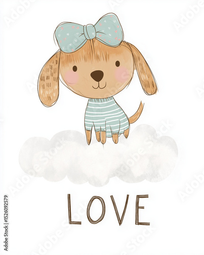 AI generator images of drawing of a dog holding a heart shaped balloon with a heart love, heart blending cuteness love , Kids Classroom, Dog illustration Postcard Greeting card Greeting card 