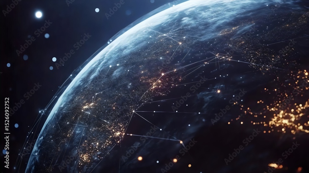 Obraz premium A glowing earth viewed from space, illuminated by city lights and connected by a network of data lines