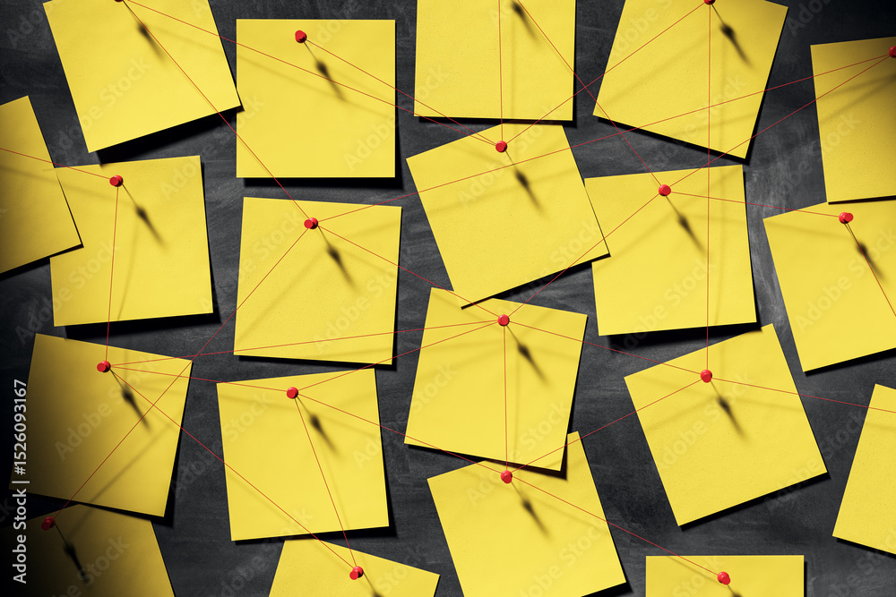 © Who is Danny - Yellow sticky notes connected with red threads on dark wall background representing detective investigation or business planning concept. 3D Rendering