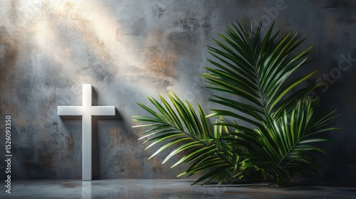 White cross standing against textured concrete wall with sunlight casting shadows and green palm leaves nearby creating a peaceful and contemplative atmosphere photo