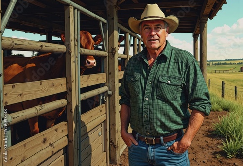 Livestock caretaker standing confidently at a cattle chute on a farm