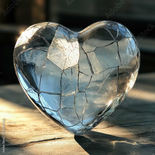 A cracked glass heart reflecting light, symbolizing fragility and beauty in imperfections, perfect for romantic themes.