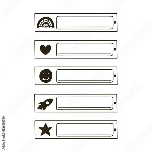School name tag sticker doodle set. Cute kid frame notebook name tag outline collection. Vector hand drawn illustration
